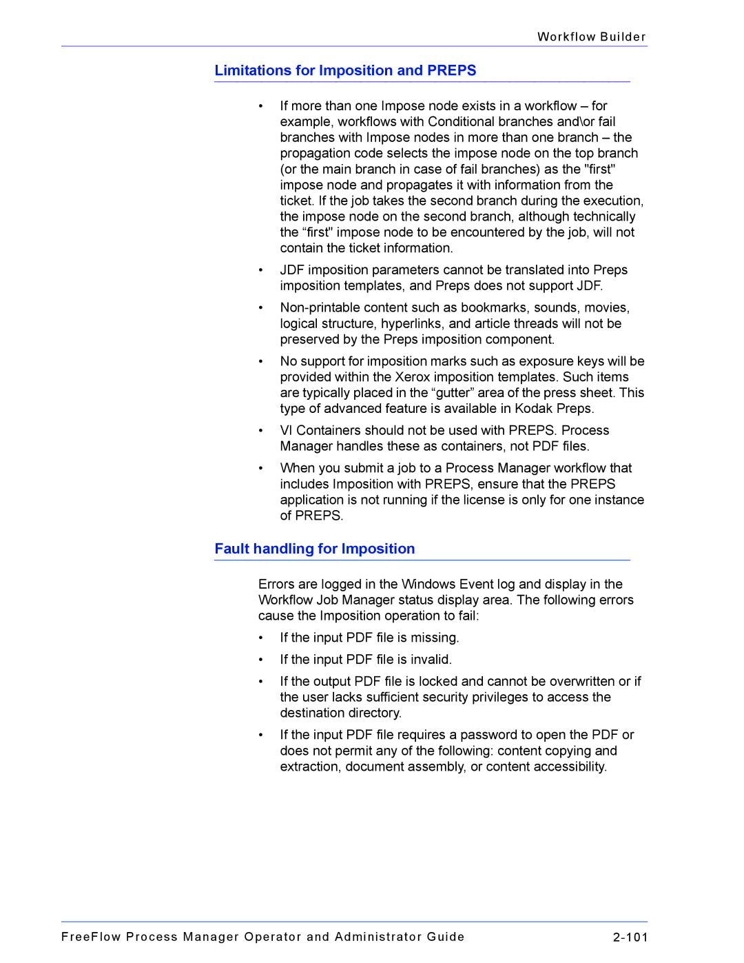 Xerox 701P47169 manual Limitations for Imposition and Preps, Fault handling for Imposition 