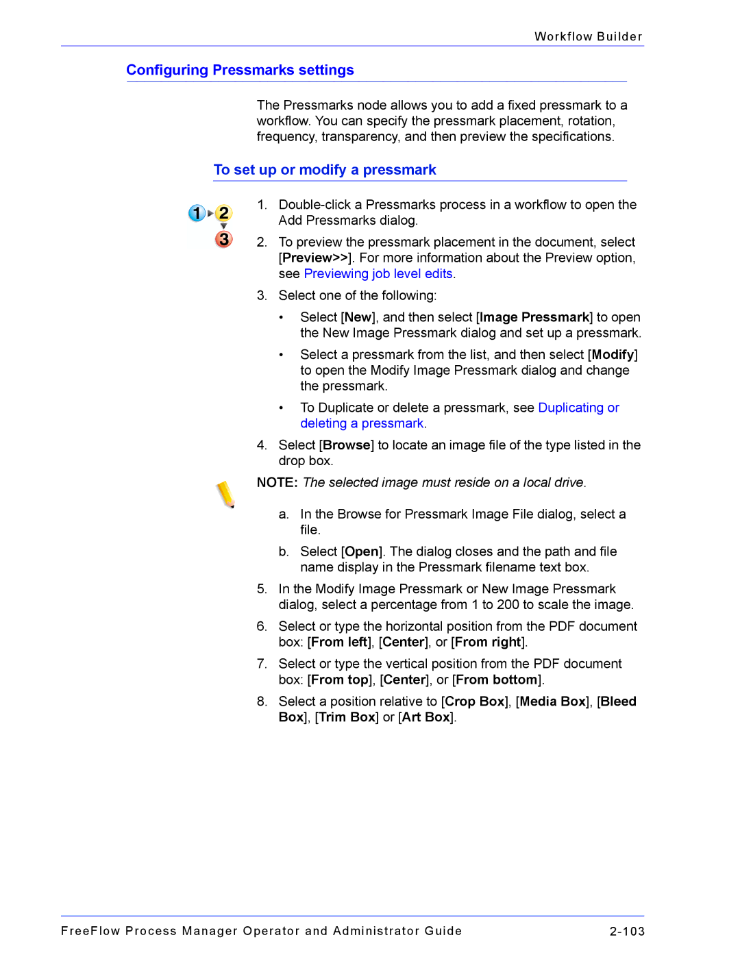 Xerox 701P47169 manual Configuring Pressmarks settings, To set up or modify a pressmark 