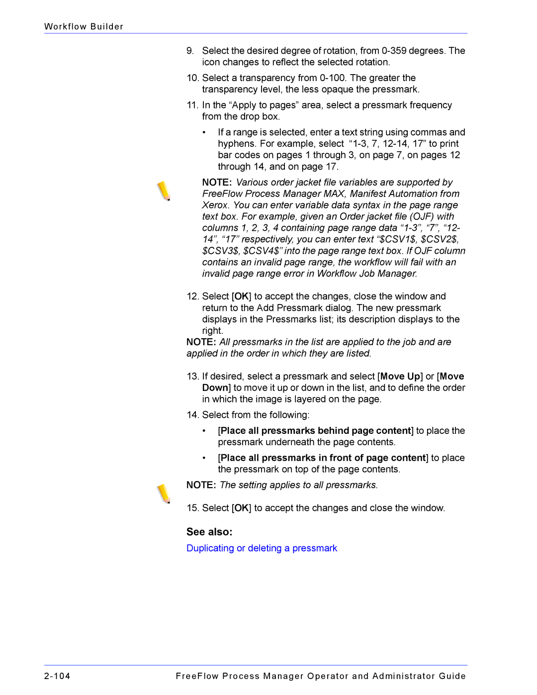 Xerox 701P47169 manual Duplicating or deleting a pressmark 