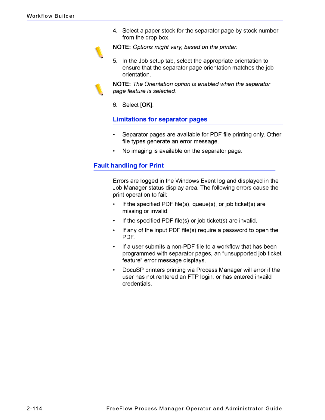 Xerox 701P47169 manual Limitations for separator pages, Fault handling for Print 