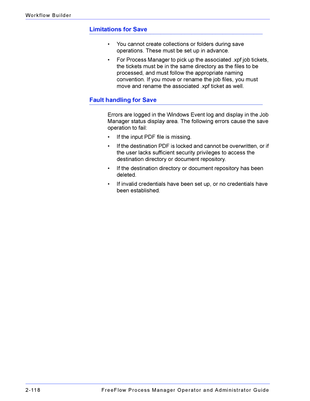 Xerox 701P47169 manual Limitations for Save, Fault handling for Save 