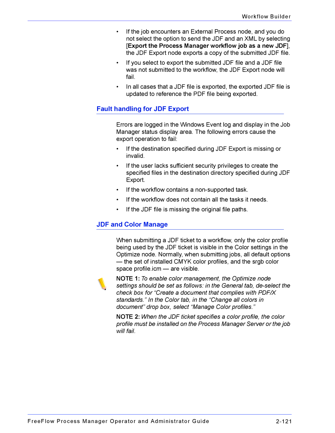 Xerox 701P47169 manual Fault handling for JDF Export, JDF and Color Manage 