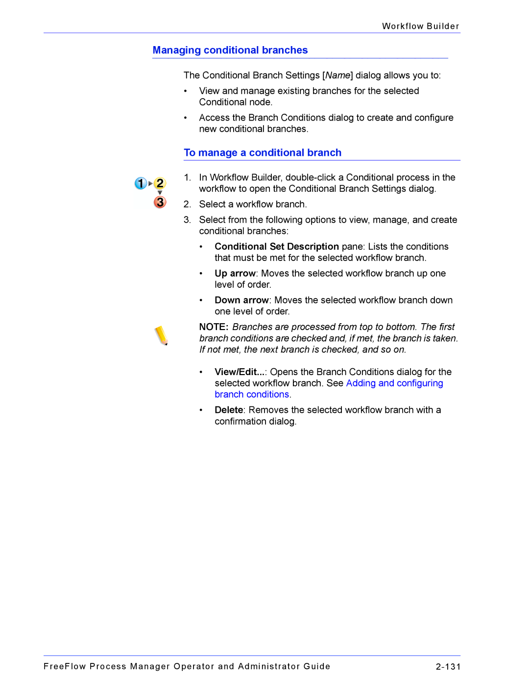 Xerox 701P47169 manual Managing conditional branches, To manage a conditional branch 