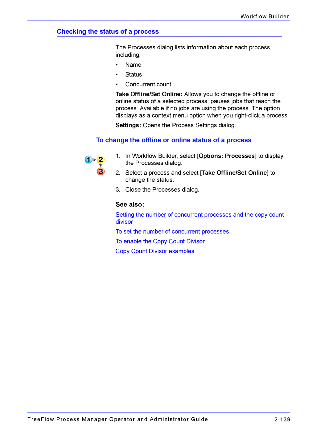 Xerox 701P47169 manual Checking the status of a process, To change the offline or online status of a process 