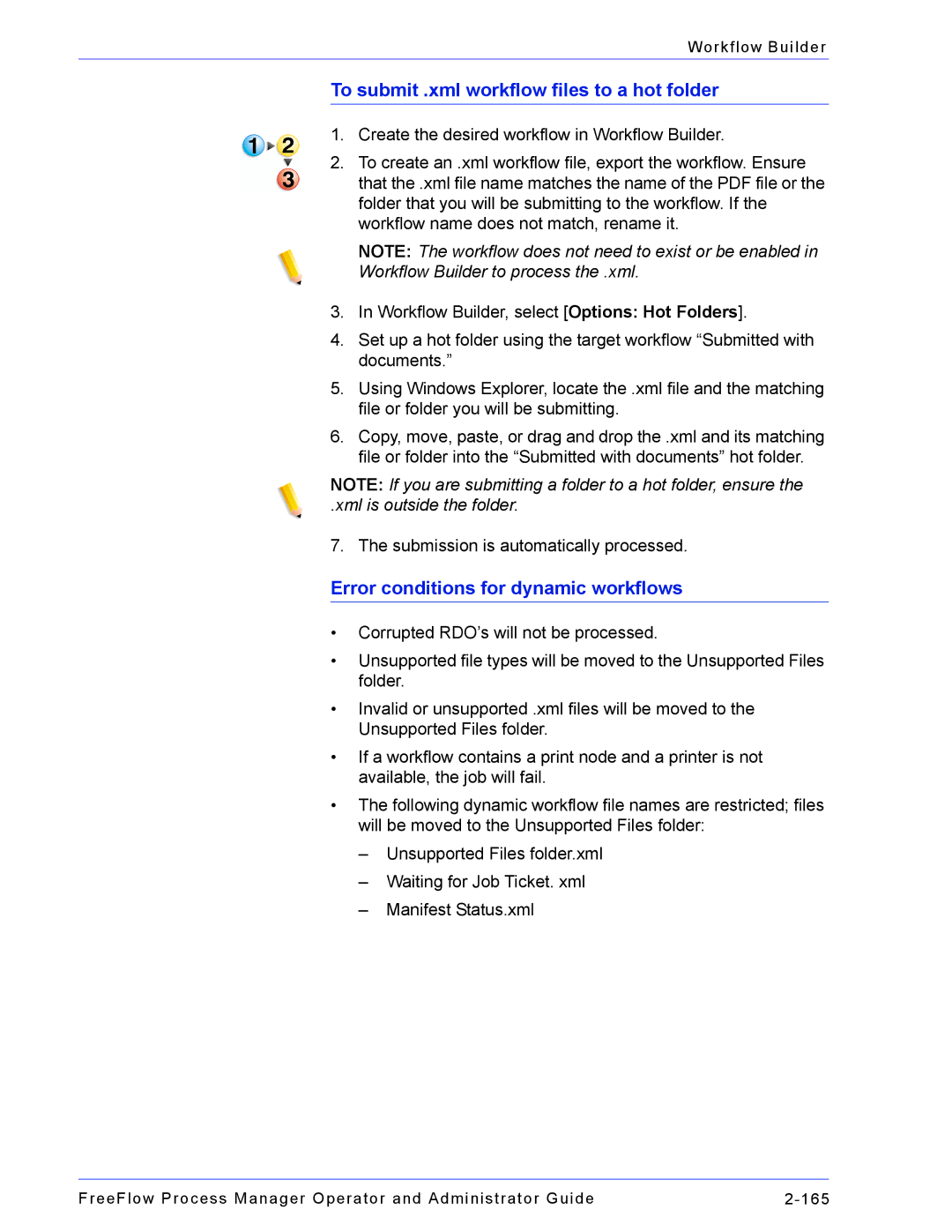 Xerox 701P47169 manual To submit .xml workflow files to a hot folder, Error conditions for dynamic workflows 