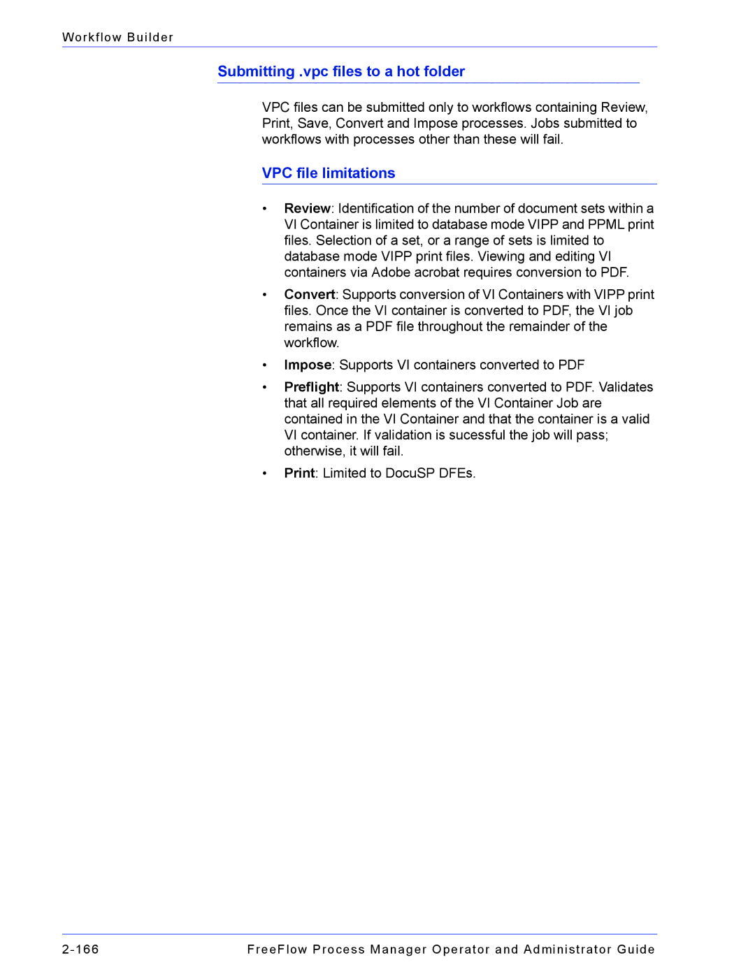 Xerox 701P47169 manual Submitting .vpc files to a hot folder, VPC file limitations 