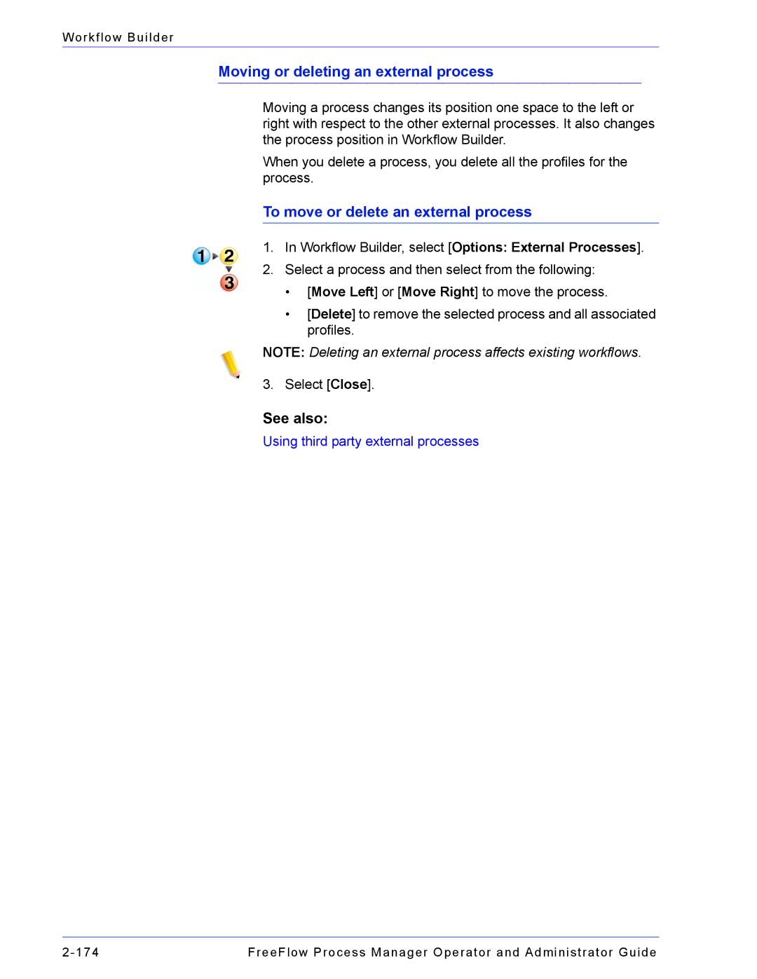 Xerox 701P47169 manual Moving or deleting an external process, To move or delete an external process 