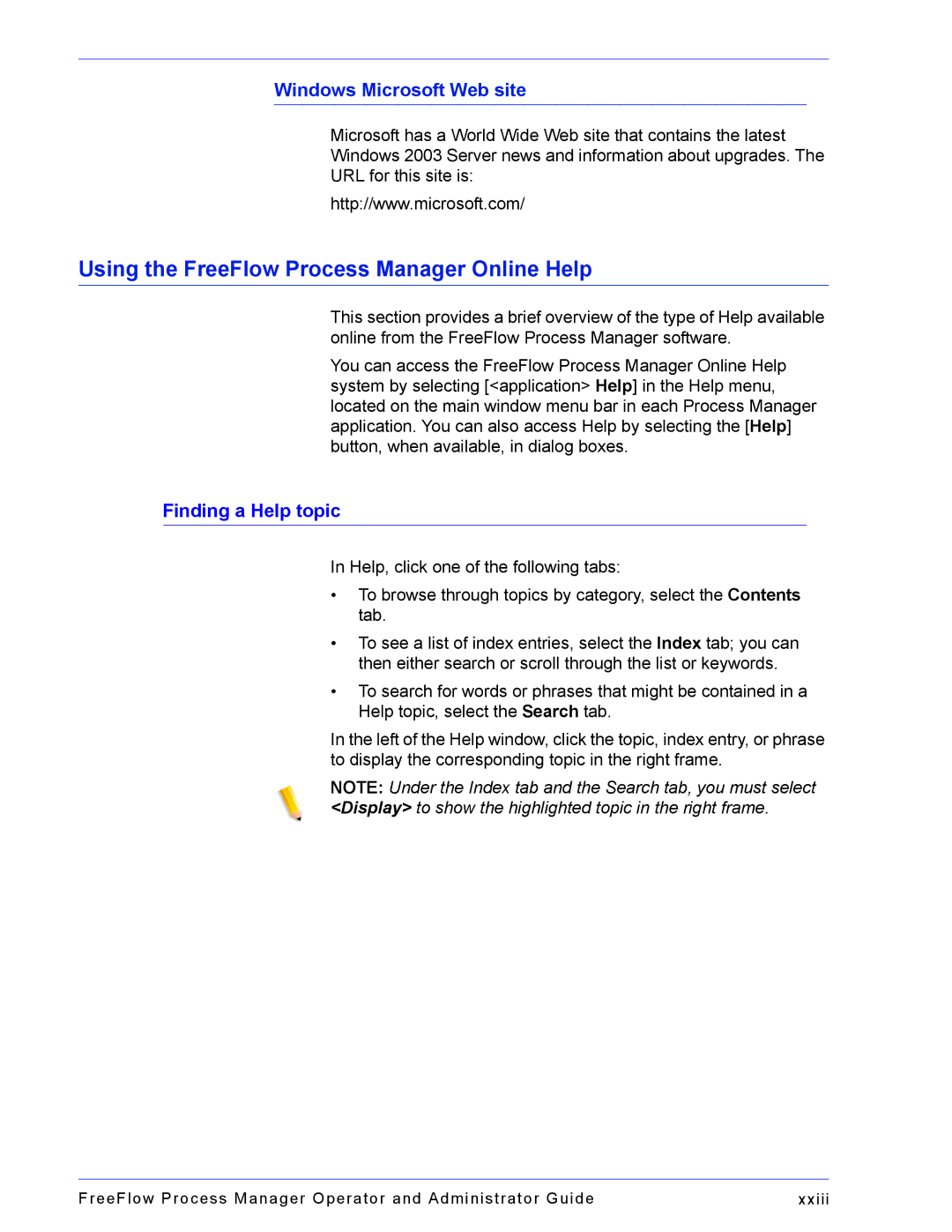 Xerox 701P47169 manual Using the FreeFlow Process Manager Online Help, Windows Microsoft Web site, Finding a Help topic 