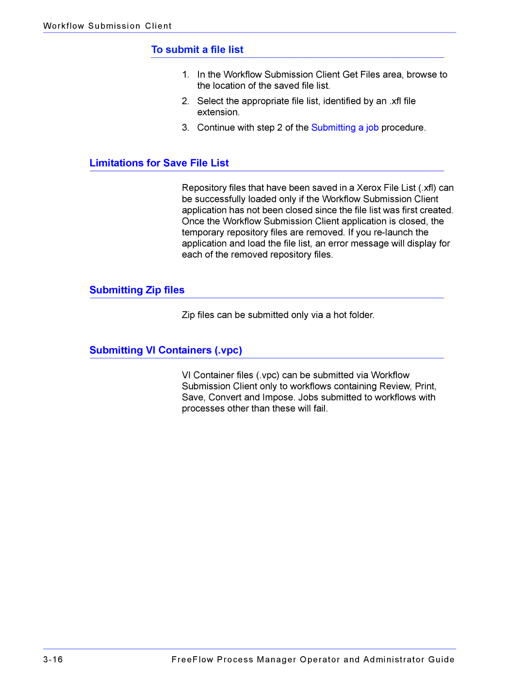 Xerox 701P47169 To submit a file list, Limitations for Save File List, Submitting Zip files, Submitting VI Containers .vpc 