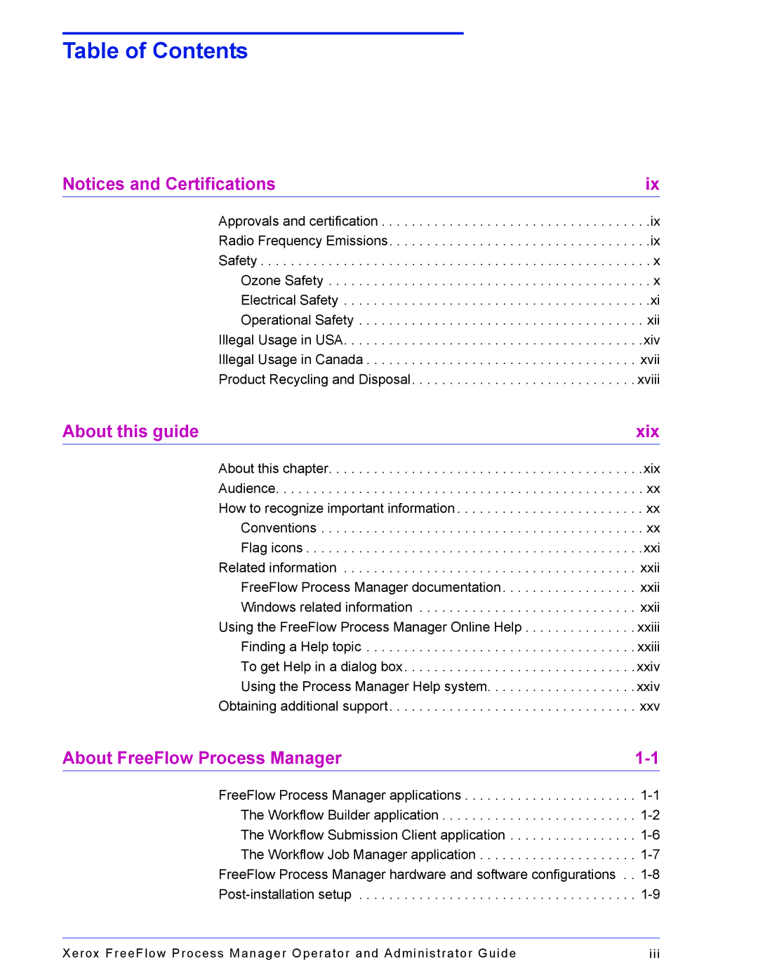 Xerox 701P47169 manual Table of Contents 