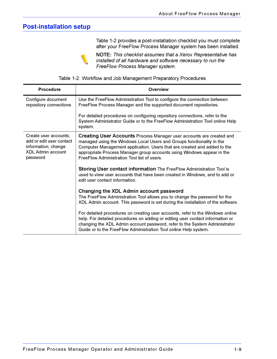 Xerox 701P47169 manual Post-installation setup, Changing the XDL Admin account password, Procedure Overview 