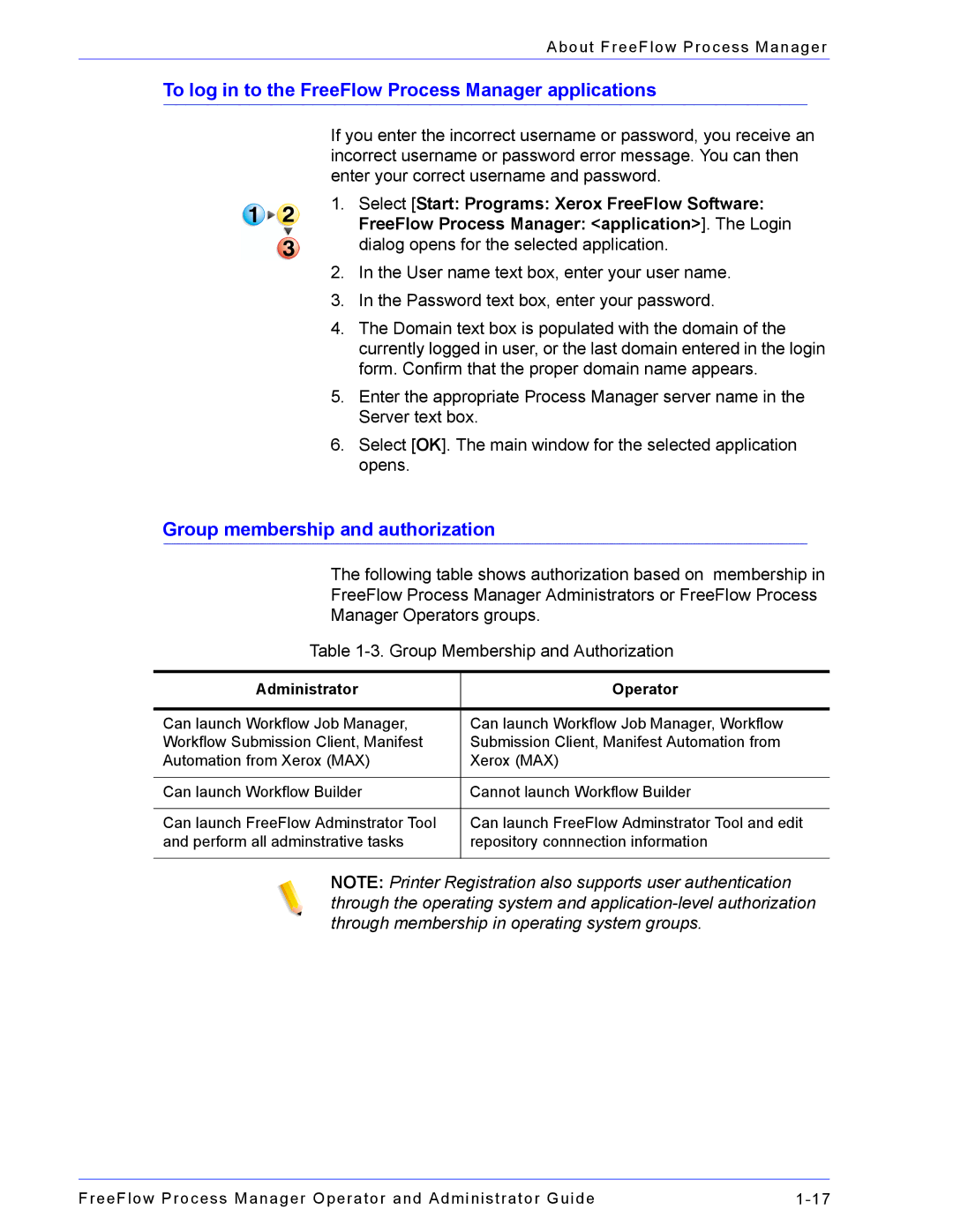 Xerox 701P47169 manual To log in to the FreeFlow Process Manager applications, Group membership and authorization 