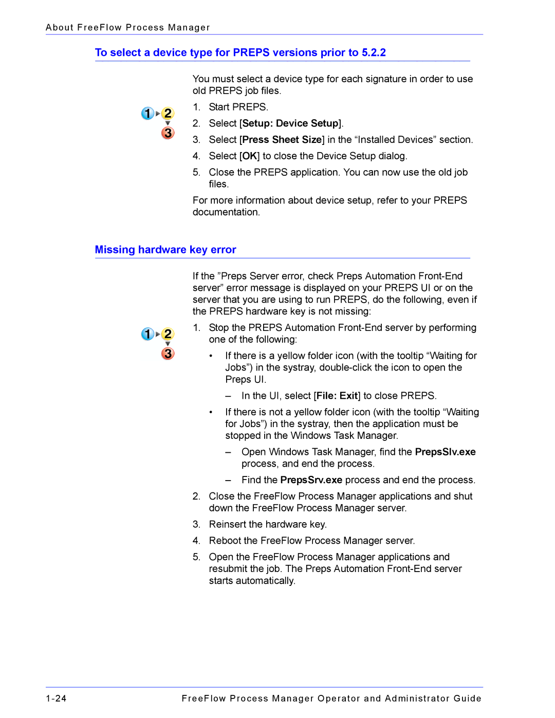 Xerox 701P47169 To select a device type for Preps versions prior to, Missing hardware key error, Select Setup Device Setup 