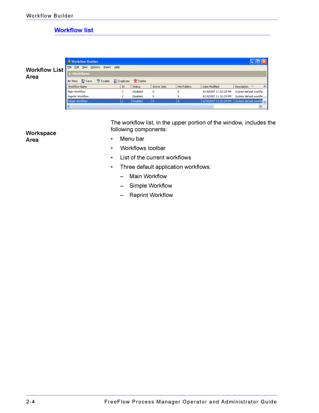 Xerox 701P47169 manual Workflow list, Workflow List Area Workspace Area 