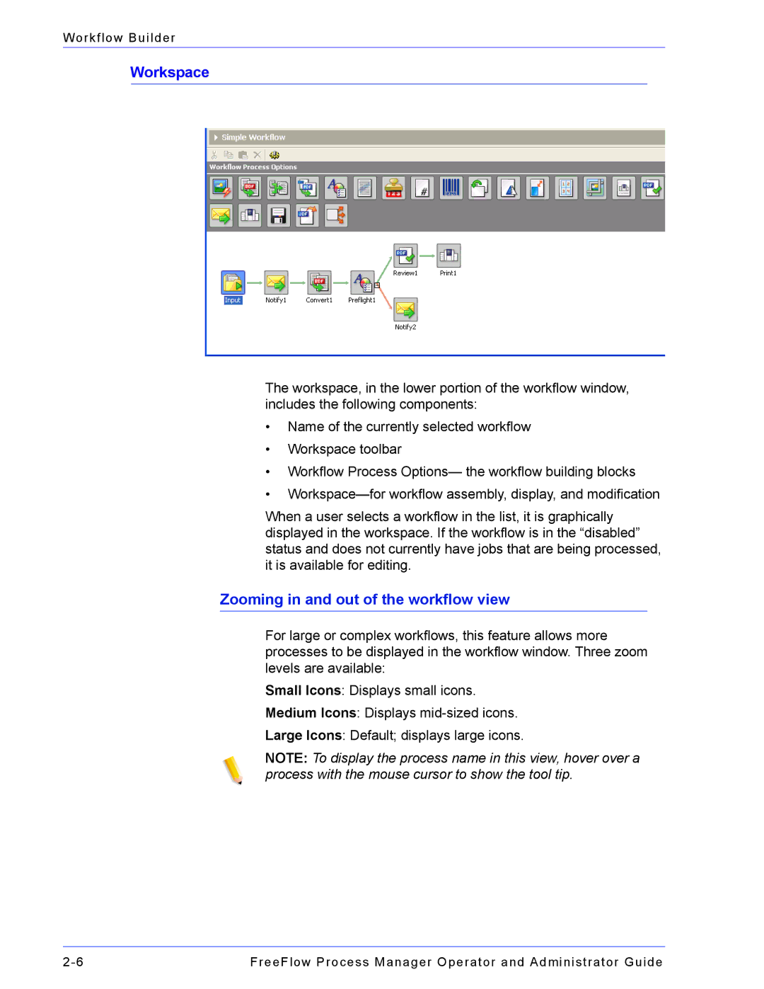 Xerox 701P47169 manual Workspace, Zooming in and out of the workflow view 