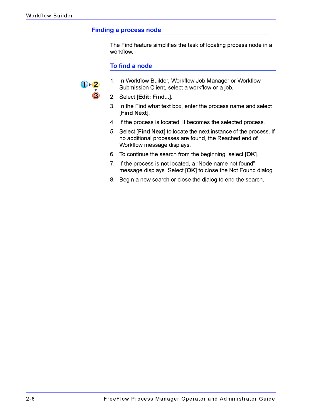 Xerox 701P47169 manual Finding a process node, To find a node, Select Edit Find 