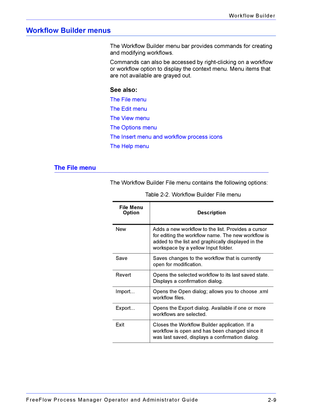 Xerox 701P47169 manual Workflow Builder menus, File menu, File Menu Description Option 