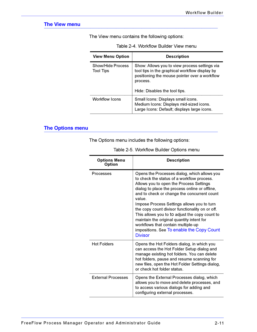 Xerox 701P47169 manual View menu, Options menu, View Menu Option Description, Options Menu Description 