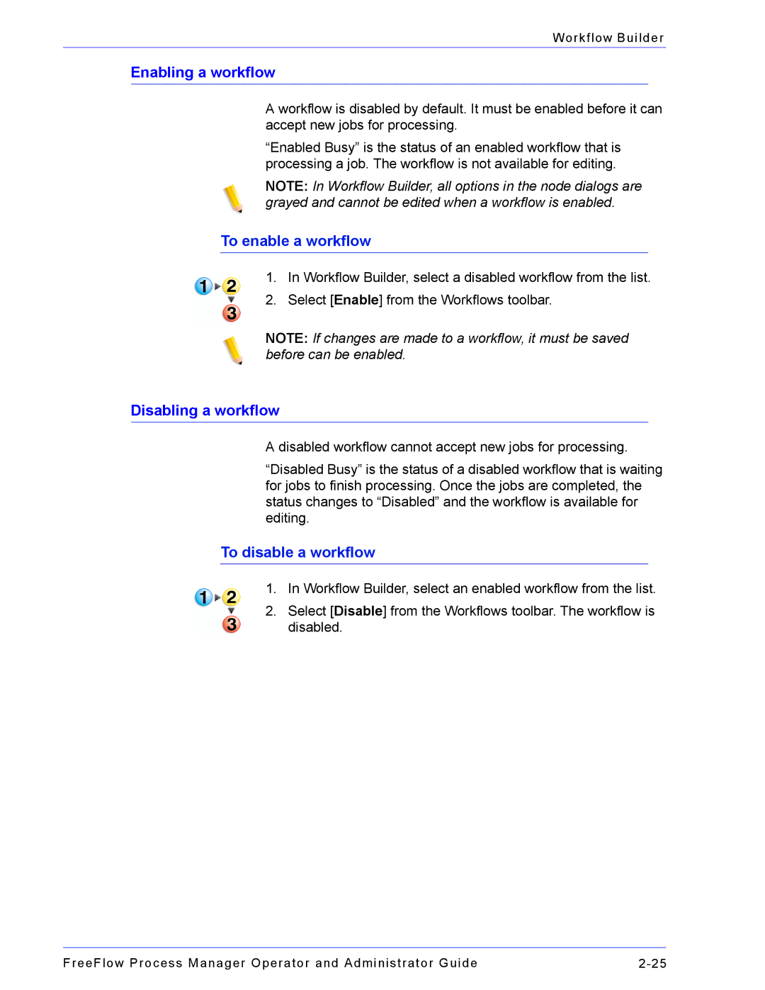 Xerox 701P47169 manual Enabling a workflow, To enable a workflow, Disabling a workflow, To disable a workflow 