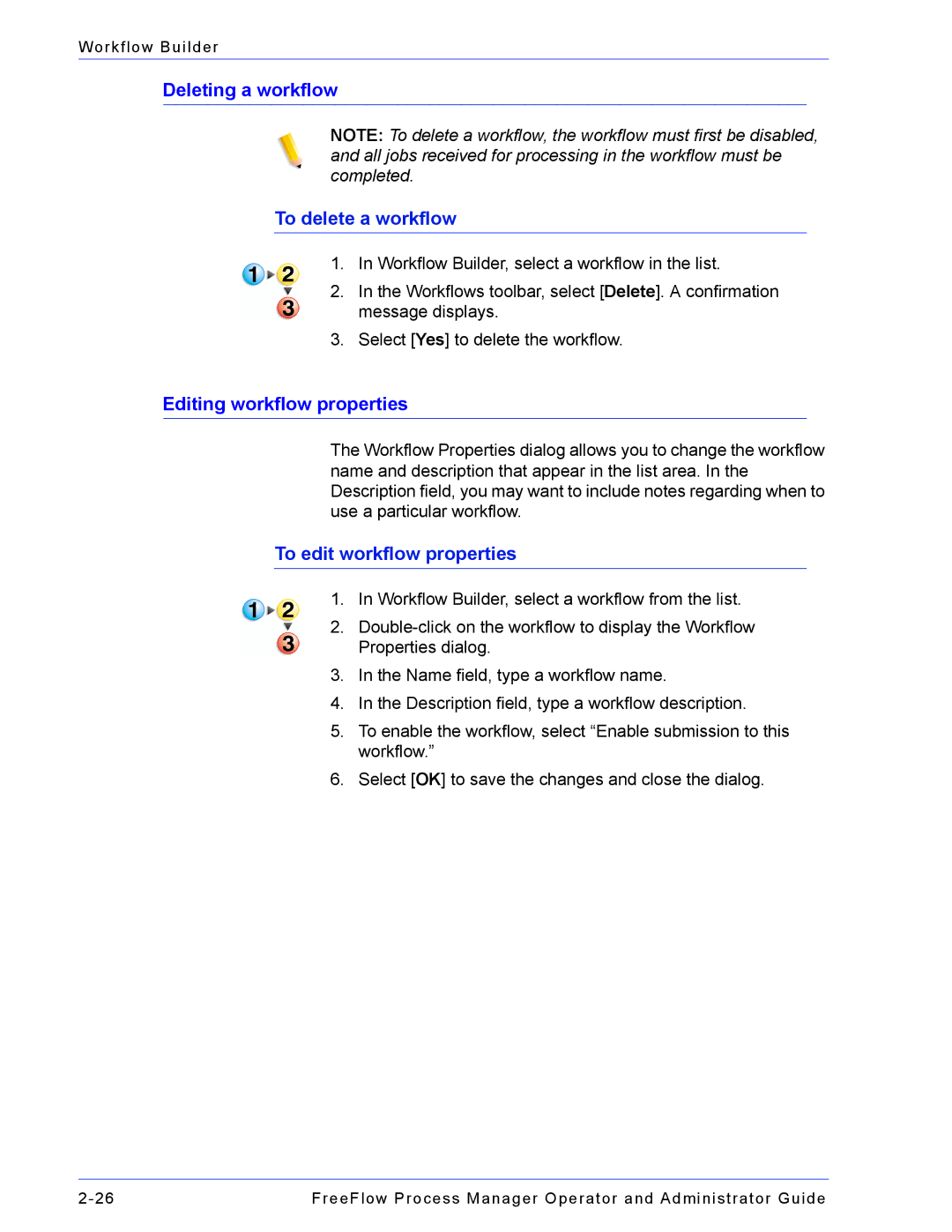 Xerox 701P47169 manual Deleting a workflow, To delete a workflow, Editing workflow properties, To edit workflow properties 