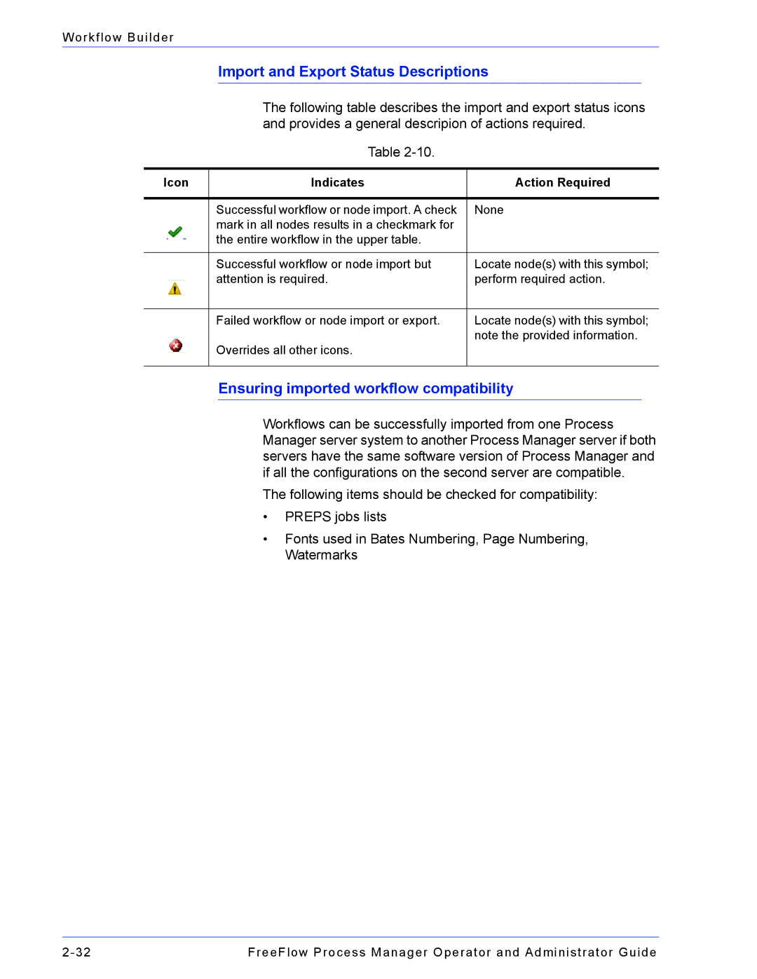 Xerox 701P47169 manual Import and Export Status Descriptions, Ensuring imported workflow compatibility 