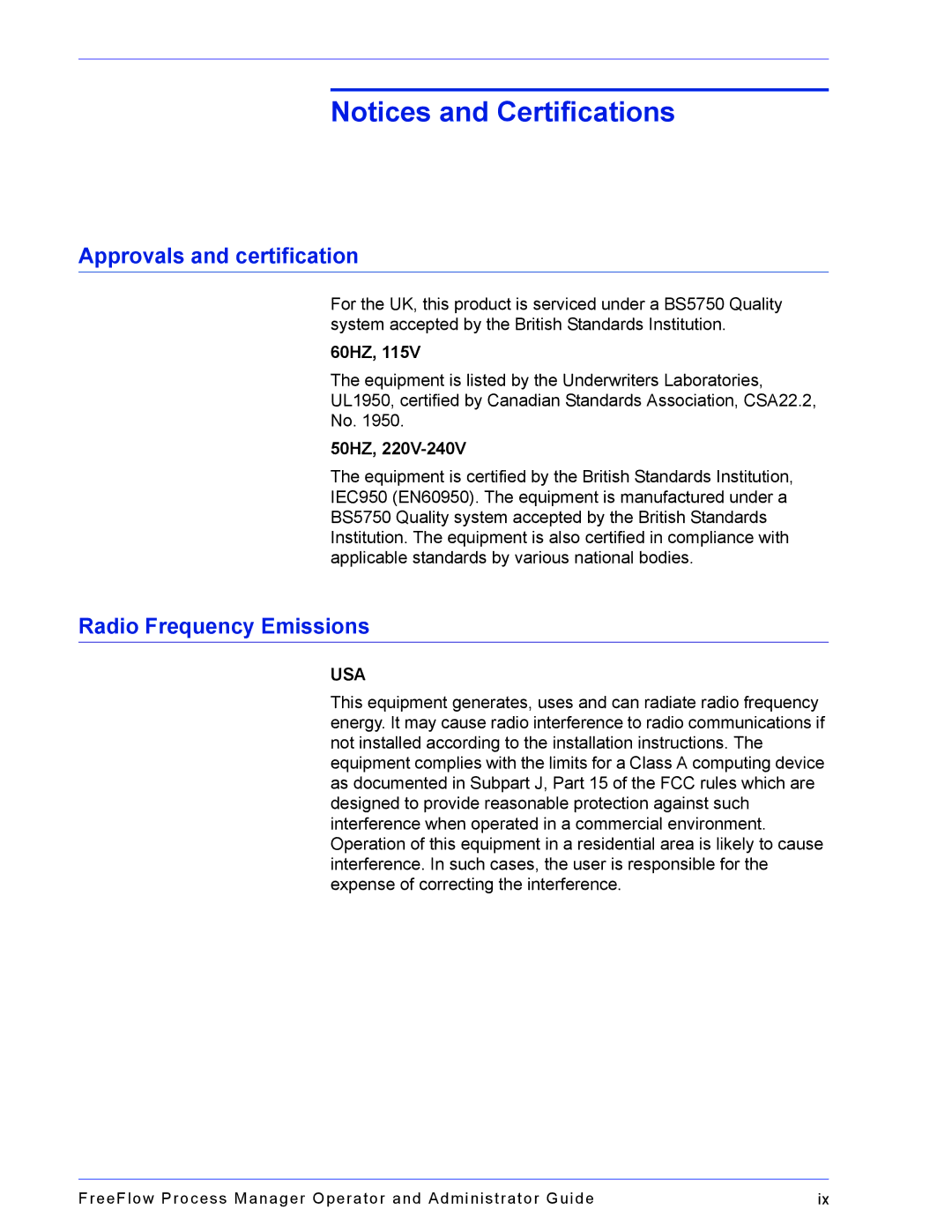 Xerox 701P47169 manual Approvals and certification, Radio Frequency Emissions, 60HZ, 50HZ 