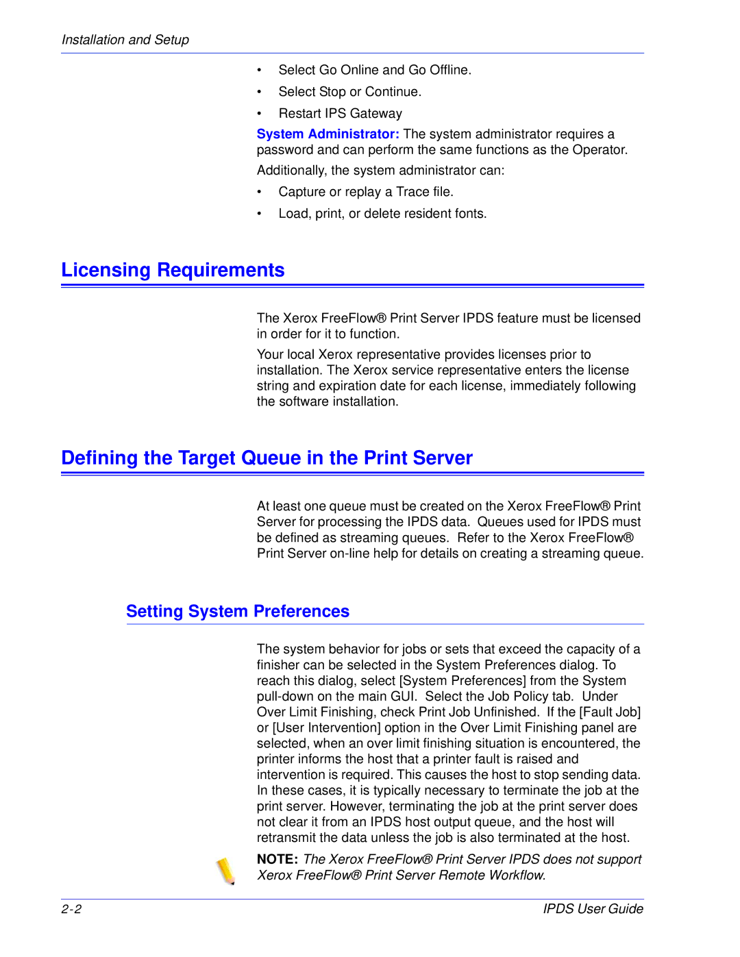 Xerox 701P47301 manual Licensing Requirements, Defining the Target Queue in the Print Server, Setting System Preferences 