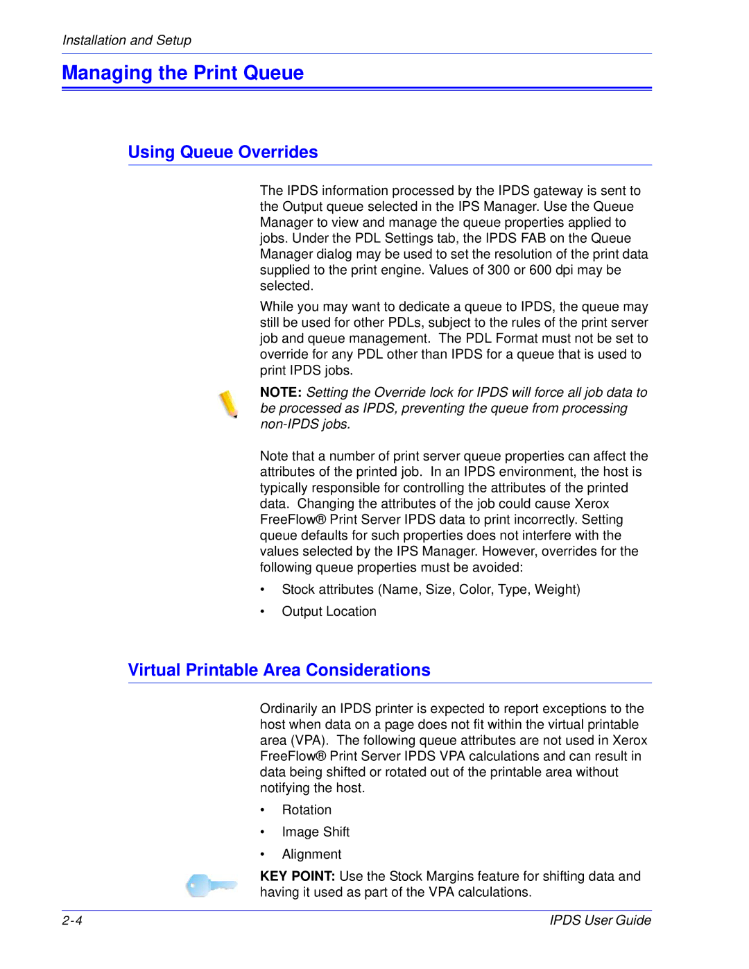 Xerox 701P47301 manual Managing the Print Queue, Using Queue Overrides, Virtual Printable Area Considerations 