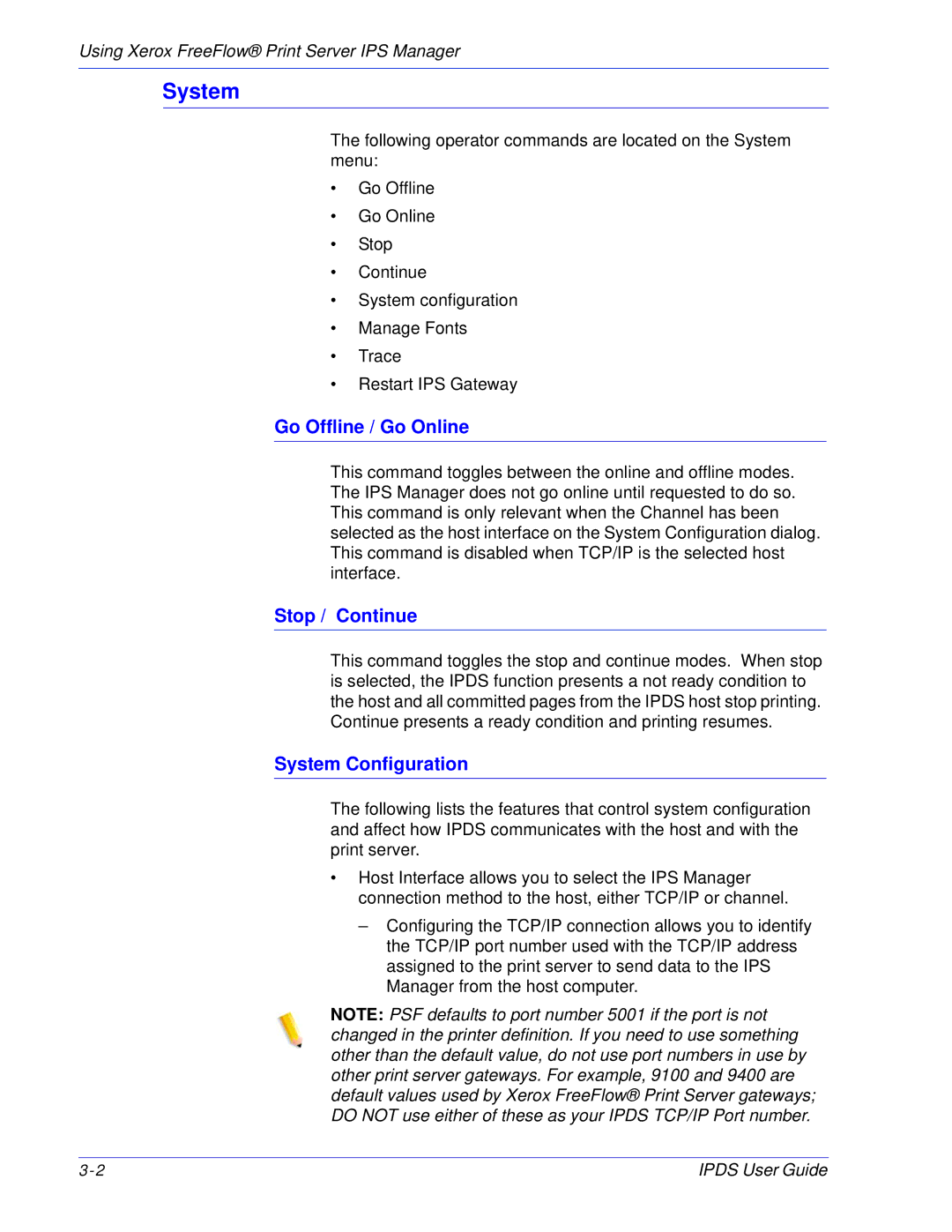 Xerox 701P47301 manual Go Offline / Go Online, Stop / Continue, System Configuration 