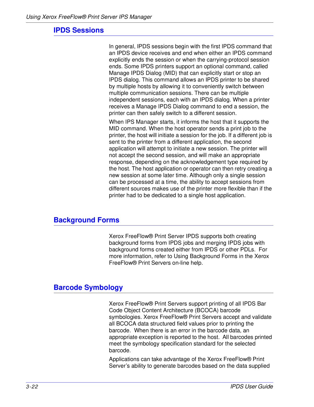 Xerox 701P47301 manual Ipds Sessions, Background Forms, Barcode Symbology 