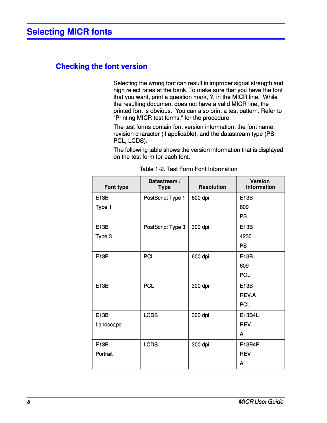 Xerox 701P47409 manual Selecting MICR fonts, Checking the font version 
