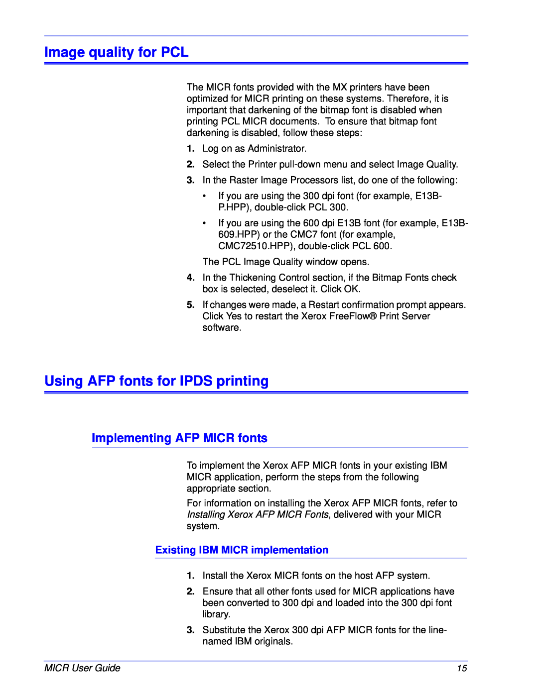 Xerox 701P47409 manual Image quality for PCL, Using AFP fonts for IPDS printing, Implementing AFP MICR fonts 