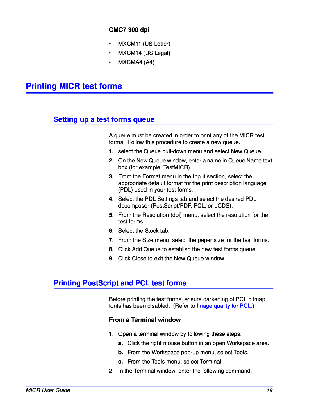 Xerox 701P47409 manual Printing MICR test forms, Setting up a test forms queue, Printing PostScript and PCL test forms 