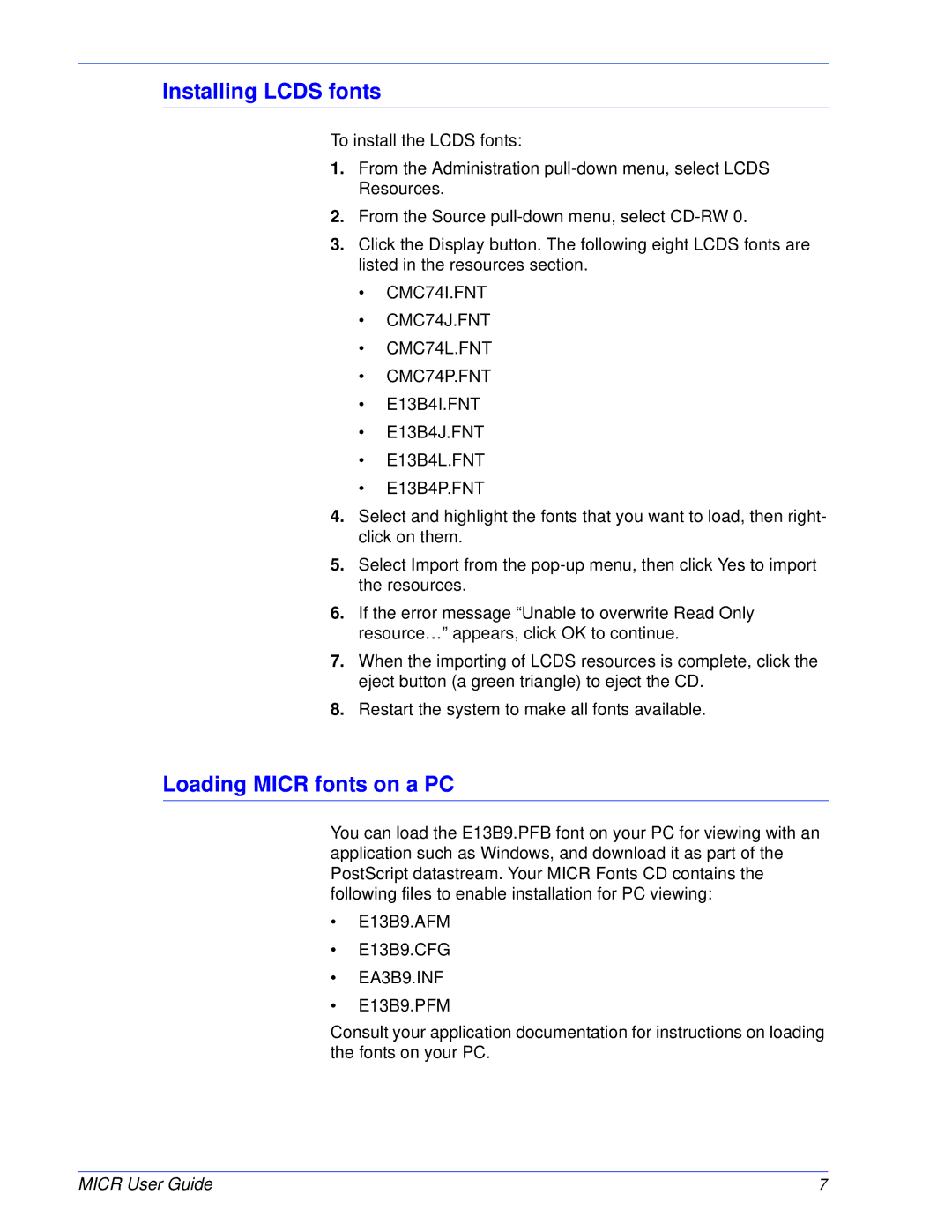 Xerox 701P47409 manual Installing Lcds fonts, Loading Micr fonts on a PC 