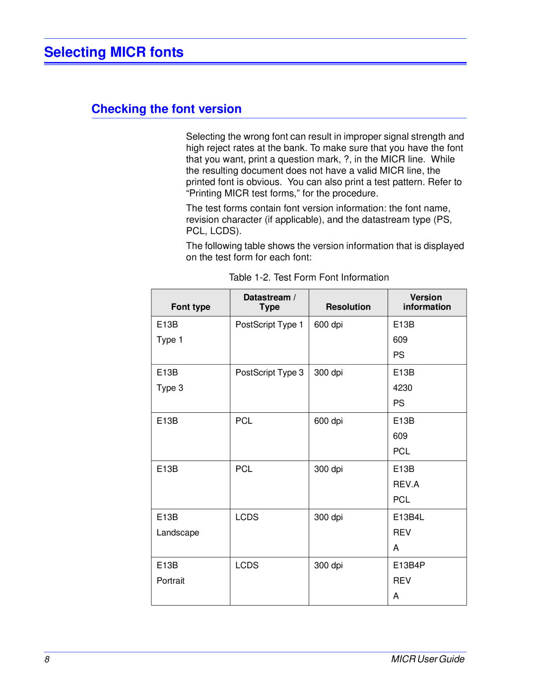 Xerox 701P47409 manual Selecting Micr fonts, Checking the font version 