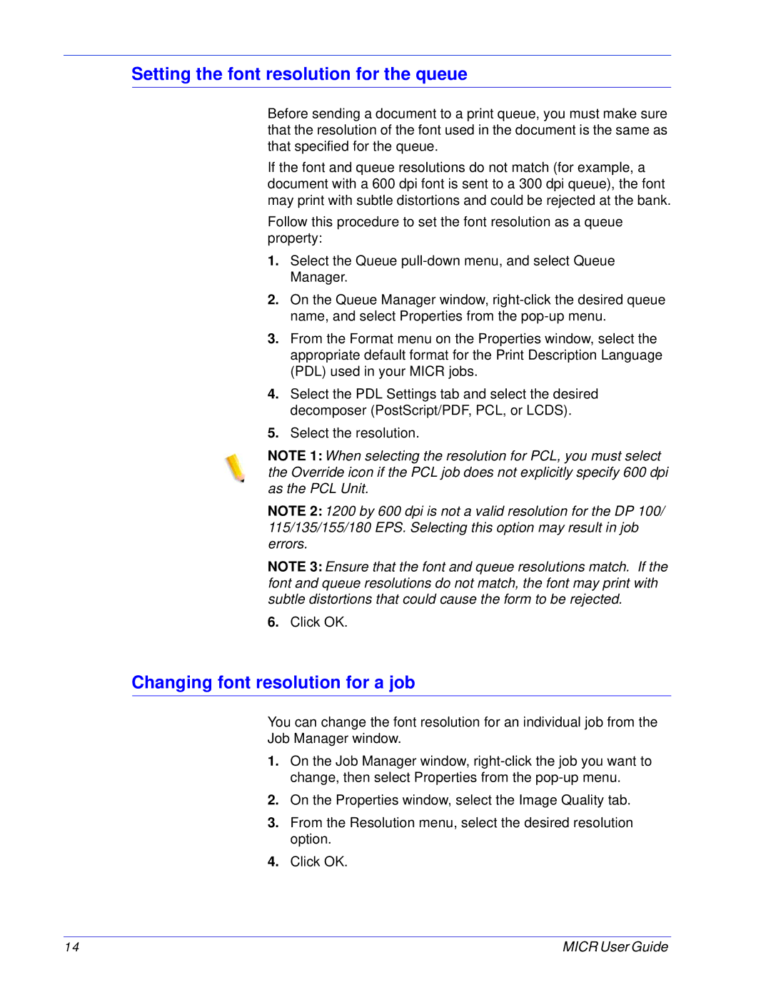 Xerox 701P47409 manual Setting the font resolution for the queue, Changing font resolution for a job 