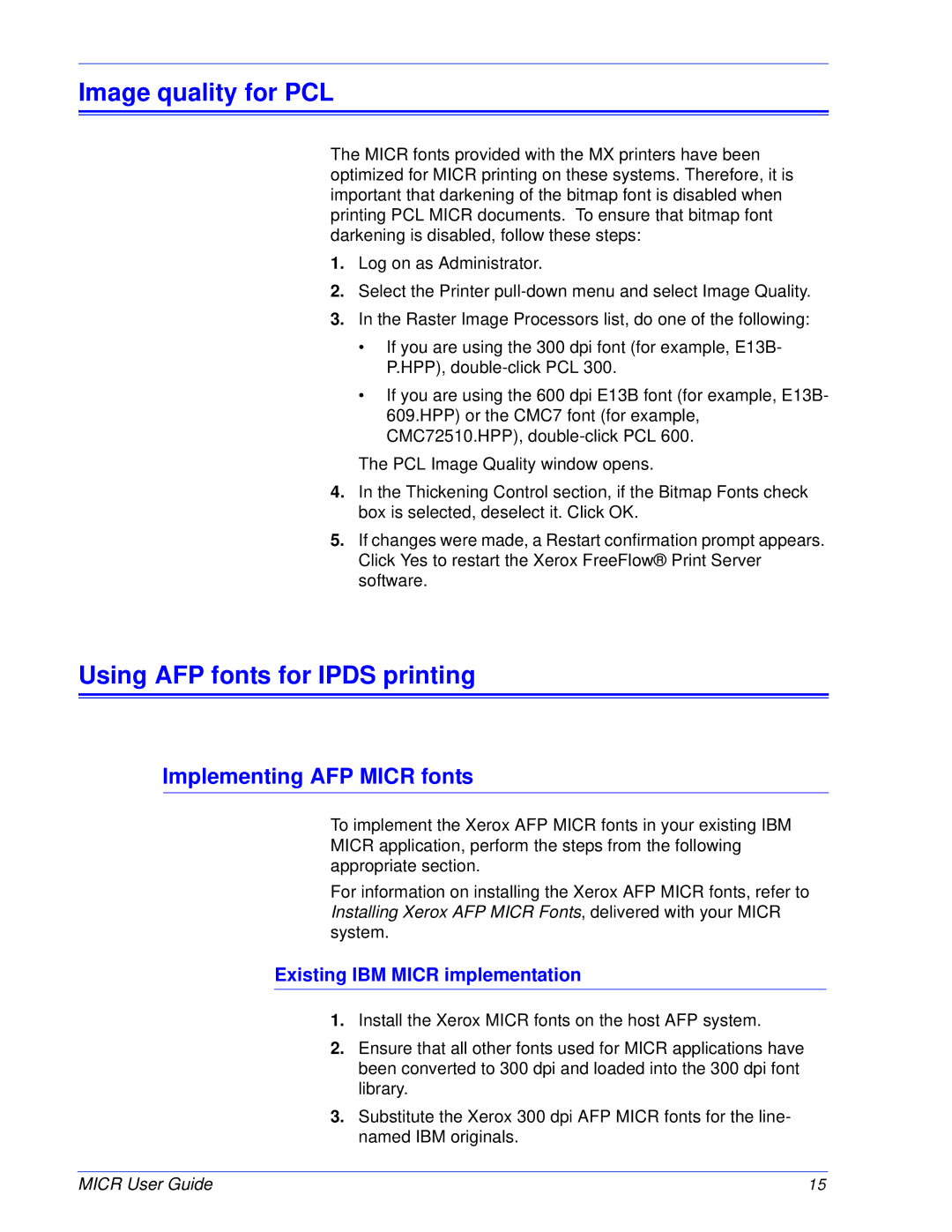 Xerox 701P47409 manual Image quality for PCL, Using AFP fonts for Ipds printing, Implementing AFP Micr fonts 