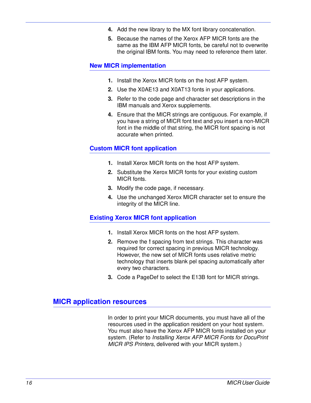 Xerox 701P47409 manual Micr application resources, New Micr implementation, Custom Micr font application 