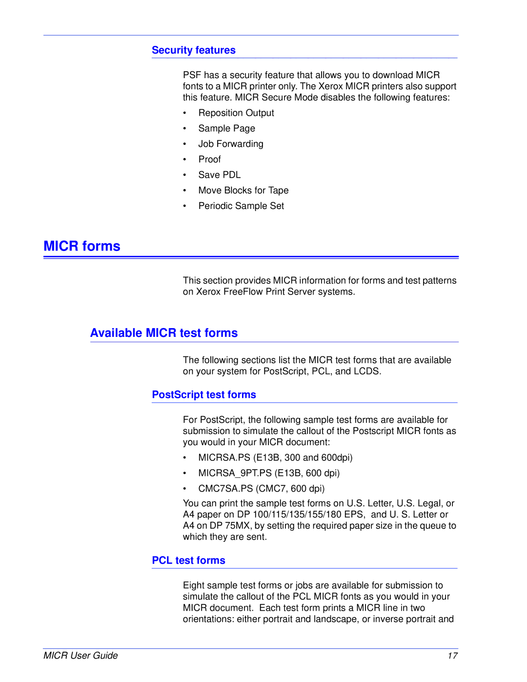 Xerox 701P47409 manual Micr forms, Available Micr test forms, Security features, PostScript test forms, PCL test forms 