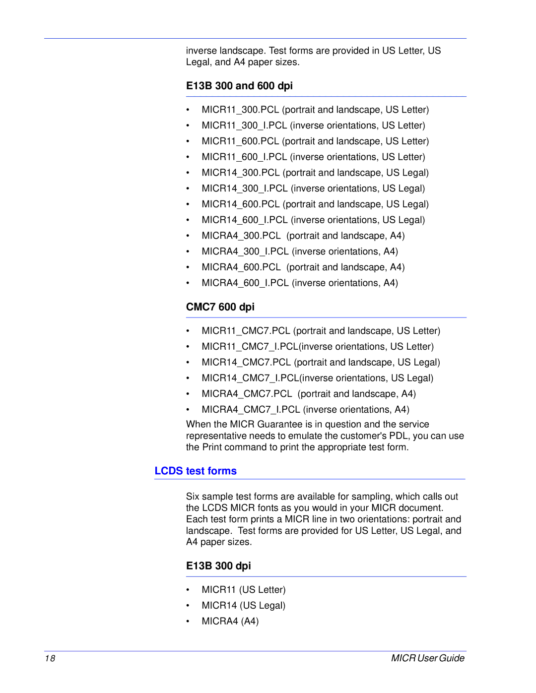 Xerox 701P47409 manual E13B 300 and 600 dpi, CMC7 600 dpi, Lcds test forms, E13B 300 dpi 