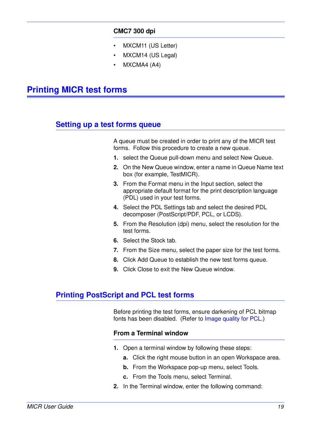 Xerox 701P47409 manual Printing Micr test forms, Setting up a test forms queue, Printing PostScript and PCL test forms 