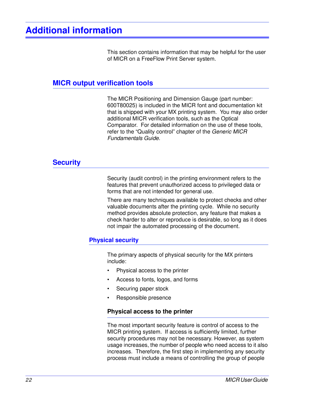 Xerox 701P47409 manual Micr output verification tools, Security, Physical security, Physical access to the printer 