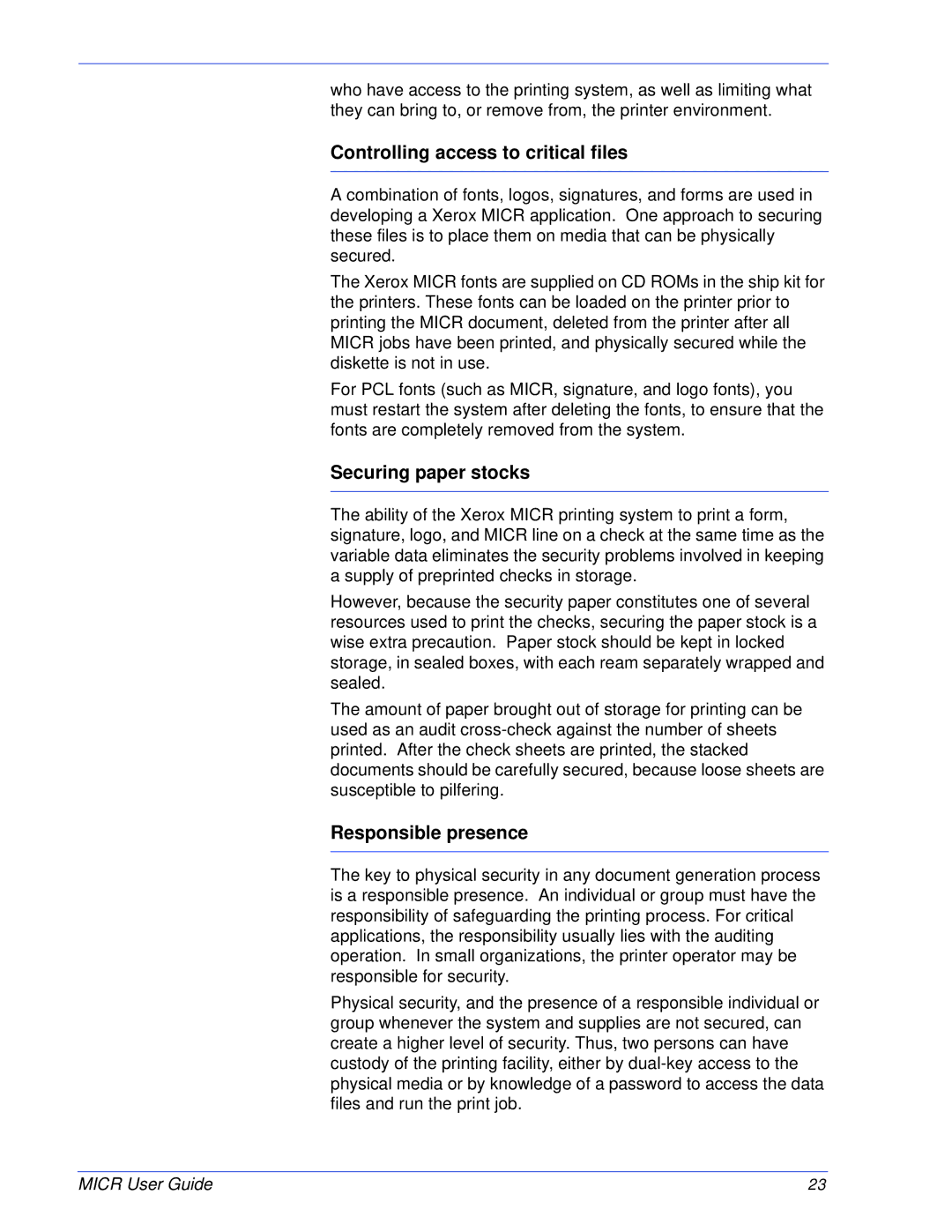 Xerox 701P47409 manual Controlling access to critical files, Securing paper stocks, Responsible presence 