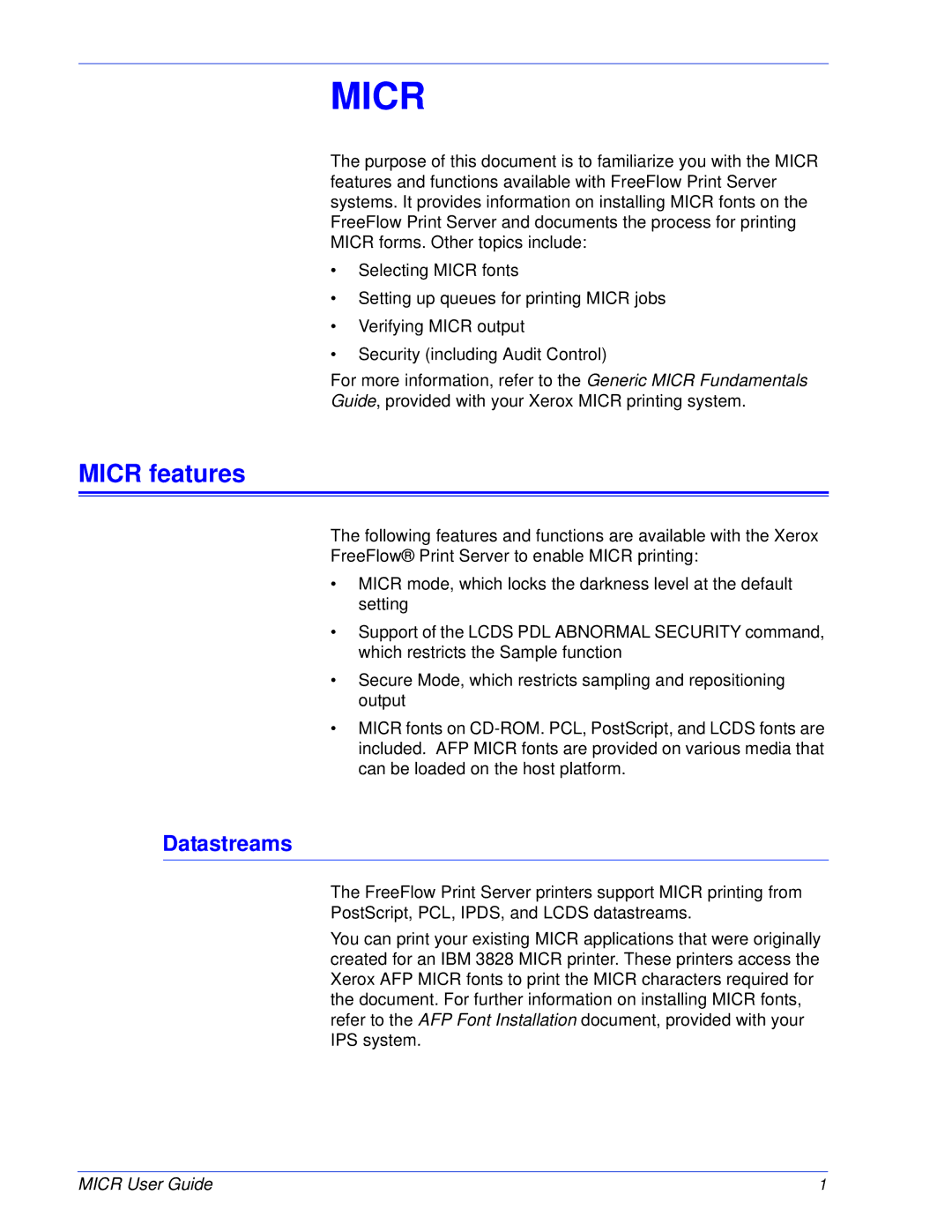 Xerox 701P47409 manual Micr features, Datastreams 