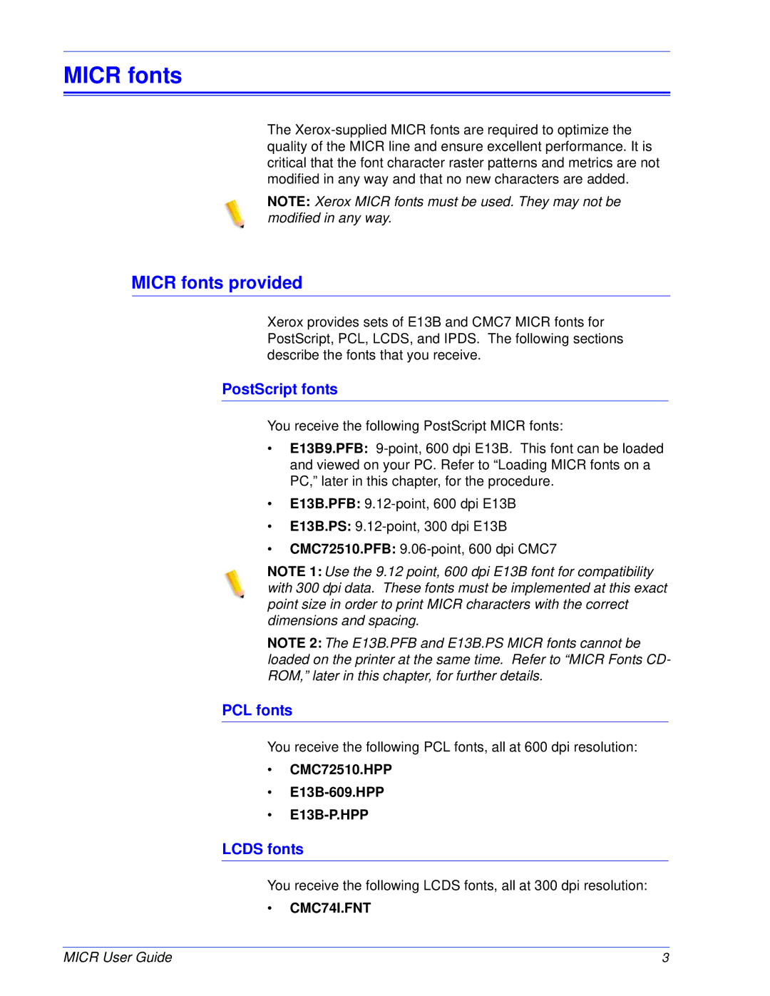 Xerox 701P47409 manual Micr fonts provided, PostScript fonts, PCL fonts, Lcds fonts 