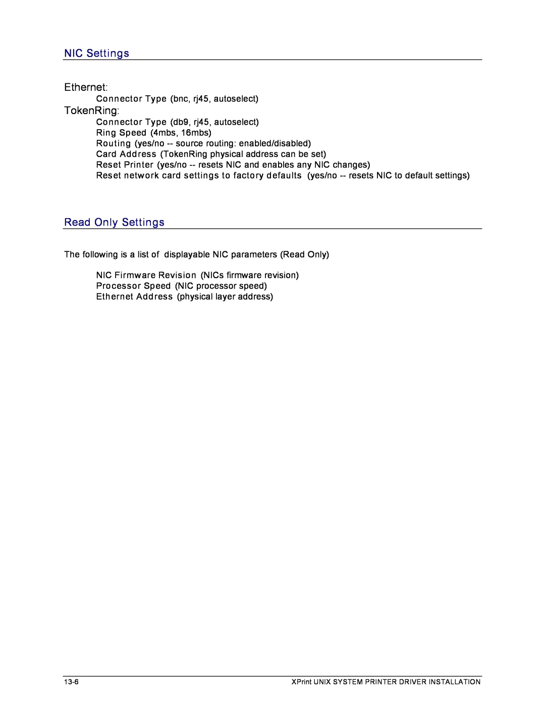 Xerox 701P91273 manual NIC Settings, Ethernet, TokenRing, Read Only Settings 