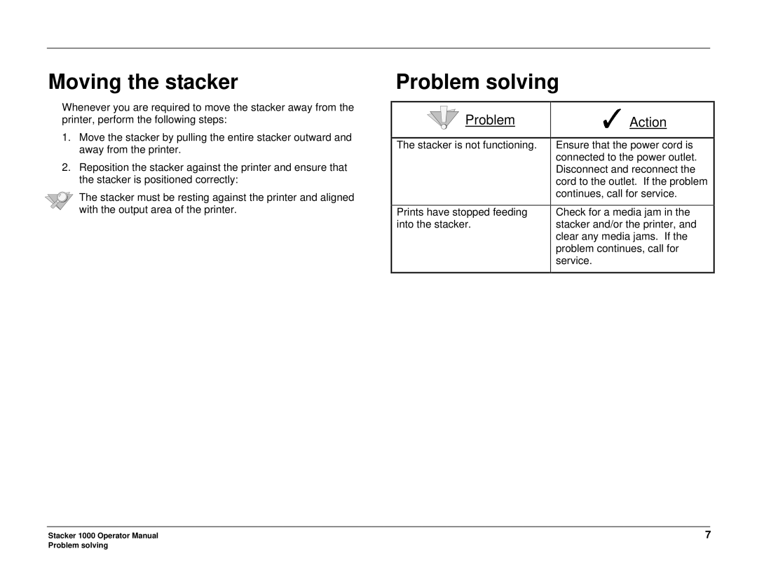 Xerox 701P98048 manual Moving the stacker Problem solving, Action 