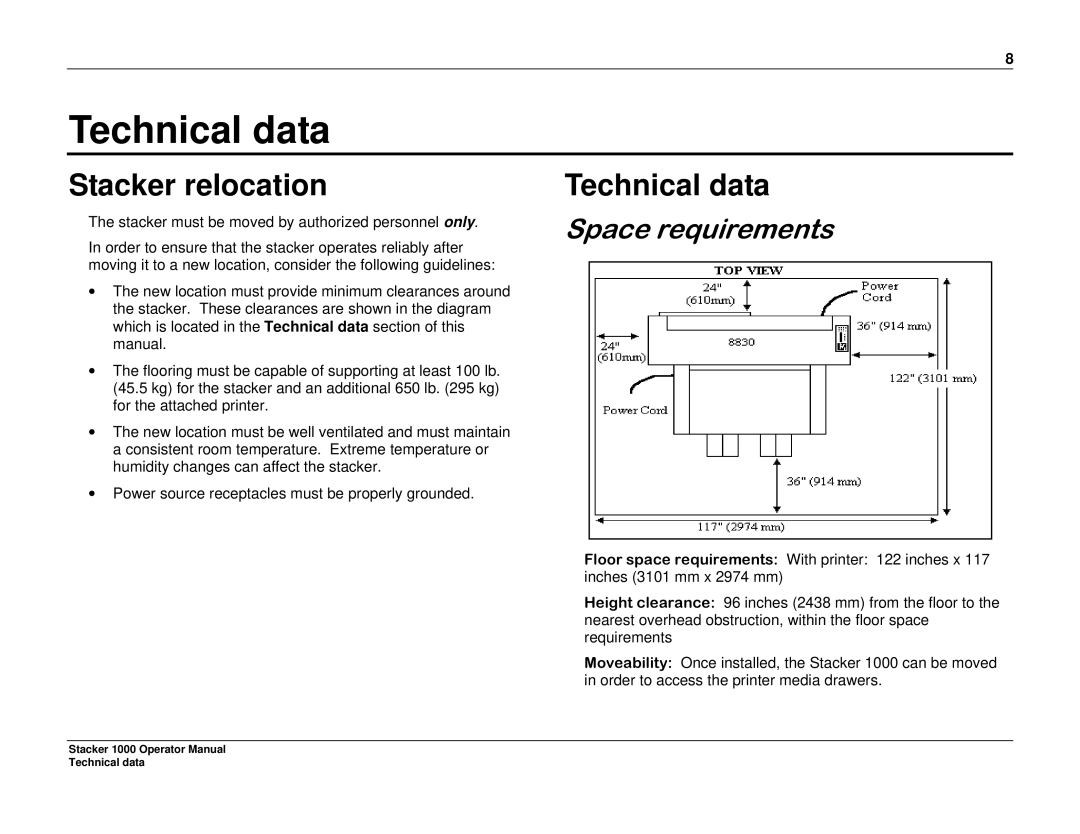 Xerox 701P98048 manual Technical data, Stacker relocation, 6SDFHUHTXLUHPHQWV 