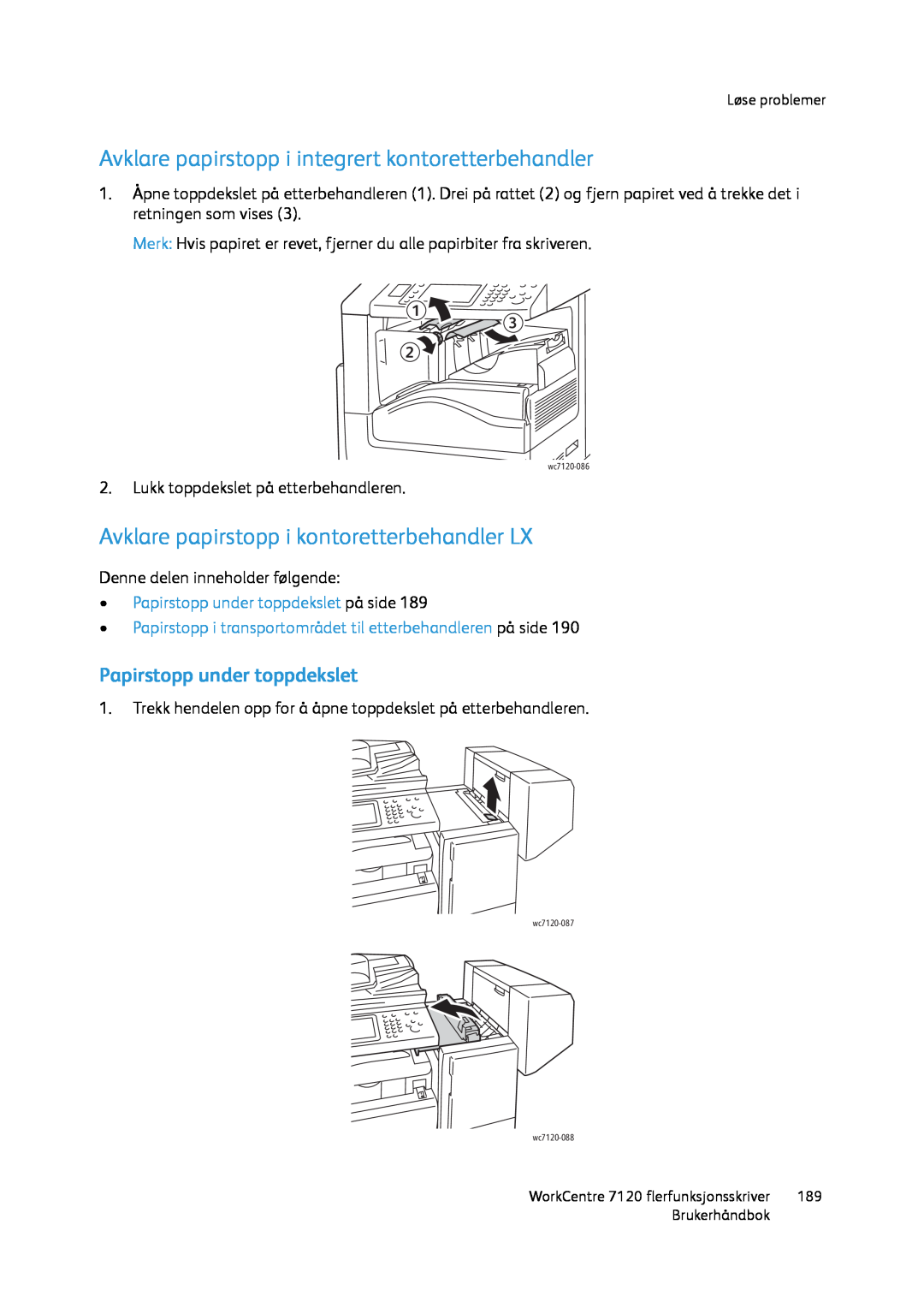Xerox 7120 manual Avklare papirstopp i integrert kontoretterbehandler, Avklare papirstopp i kontoretterbehandler LX 