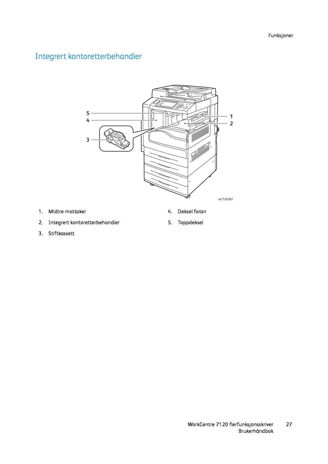Xerox 7120 manual Integrert kontoretterbehandler, Funksjoner, Midtre mottaker, Toppdeksel, Stiftkassett, Brukerhåndbok 